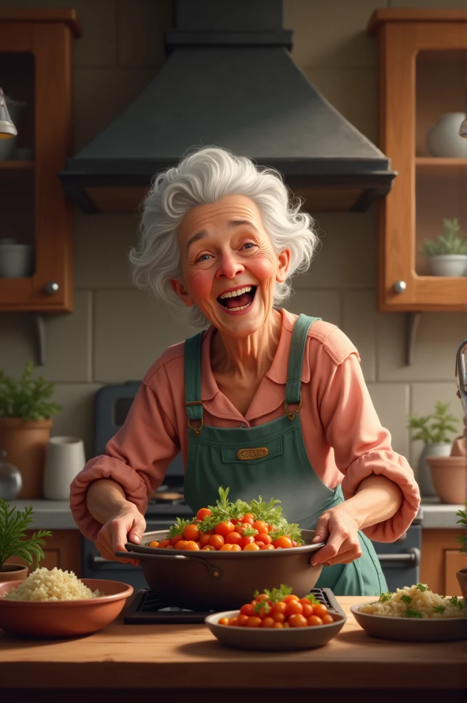 An old mother is cooking and laughing