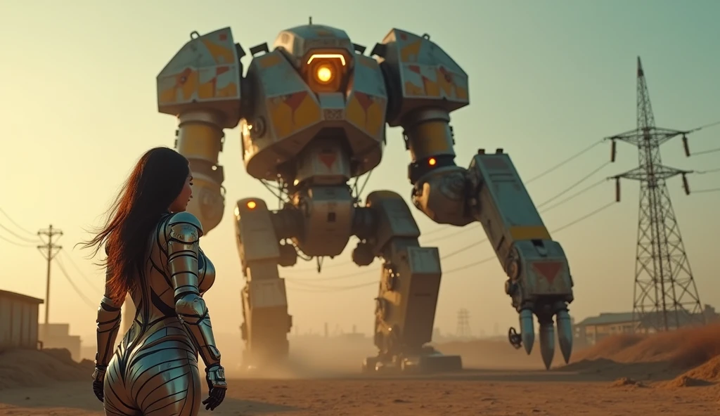 (masterpiece, UHD. Photorealistic. Analog photography.1950 style.) in a dystopian Neo retro futuristic world. (Facing view) An ultra hot gorgeous European woman. Age 23. Epic cleavage (100e size). A warrior in luminous armor battles a mechanical 1930 clunky and rusty colossus evil war robot with glowing eyes in a desolate wasteland. Late evening light.
