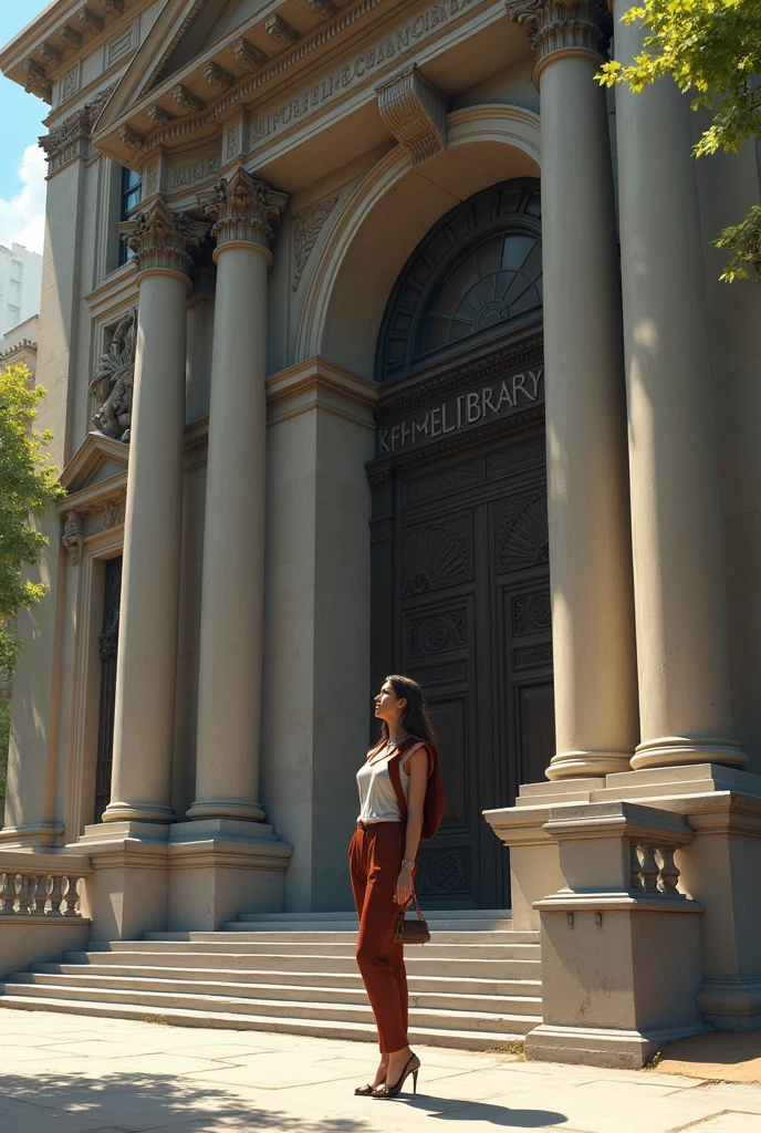 Woman standing outside a huge library 