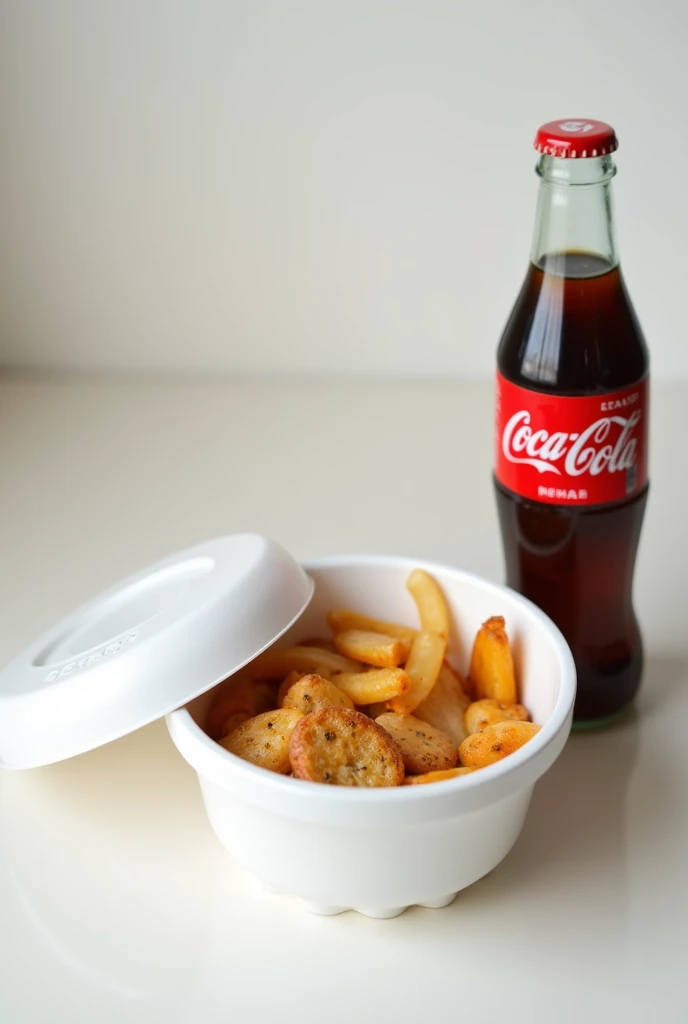 Create an iPhone-quality image showing a meal or breakfast in a round white Styrofoam lunch box. The composition must include: White polystyrene round thermal lunch box: In the center of the image, A round thermal lunch box made of white polystyrene., well closed and visible. Food from the northwest of El Salvador Coca Cola bottle: Coloque uma garrafa plástica de Coca-Cola de 250ml ao lado dThe lunch box, with the label clearly visible. The bottle must be clean and in a position that highlights the label and must be in plastic packaging.... Lighting and framing: Use soft natural lighting to enhance the freshness of food.. The background should be neutral or contrast with the food..., as a white background or light surface. Frame the image to clearly show all the elements.: The lunch box, Food and Coca-Cola bottle. Use the rule of thirds for a balanced composition. edition: Adjust the brightness and contrast to ensure that the food looks appetizing and the image is clear... Make sure the image is in high resolution to highlight all the details... The image should convey the feeling of delight., Fresh homemade food., Ideal for a food delivery platform..