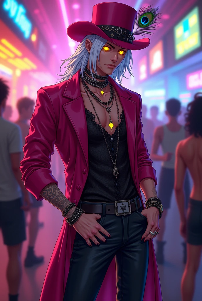 A very handsome man wearing a sexy black lace shirt, a red open latex jacket, he wears simple pants, sexy cowboy boots, he also wears a pink top hat with peacock feathers tied to it, the man has tanned skin, long white hair, yellow eyes, neon necklaces and neon bracelets, he is in a gay nightclub, the image has to be in anime
