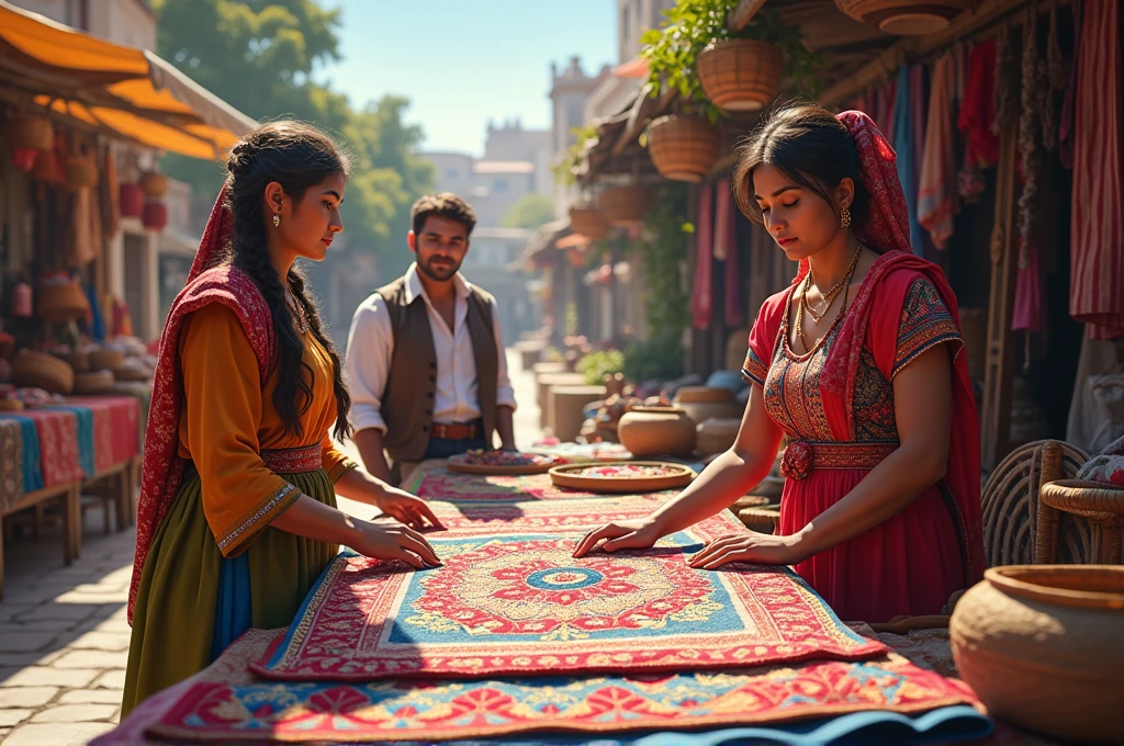 A craft market with two women selling embroidery, fabrics and a man buying