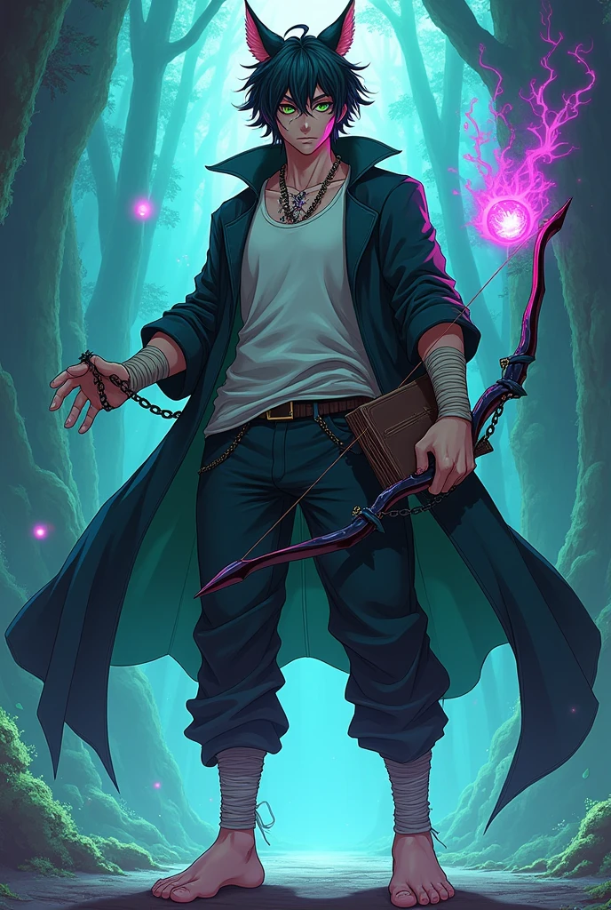 Anime style, a dynamic masterpiece depicting a 6'4 male character radiating an aura of trickery and charm, with eyes eerily floating on either side of his head, the left eye a striking red albino, the right eye a vivid green, six winged ears extending elegantly, antennas serving as expressive eyebrows, his medium-length black hair billowing smoke, layered in a snug tank top and a jacket draped casually over his shoulders, sturdy yet lean physique accentuated by fingerless gloves adorning his left hand, each hand wrapped in chains and bandages symbolizing both restraint and resilience, eyepatches obscuring the locations of his unusual eyes, three deep scars carved across his face hinting at a turbulent history, barefoot stance showcasing agile feet, trousers artfully wrapped at the ankles for a trendy edge, clutching a mystical spell book that pulses with power, and wielding a transformative bow capable of morphing into two elegantly curved katanas, all rendered in vibrant hues of blue, purple, and green, bringing to life a character thriving in a fantastical setting infused with magic and cunning, illustrating fine attention to detail characteristic of traditional anime art style, showcasing fluid lines and dramatic expressions that evoke excitement and engagement, set against a backdrop that hints at an enchanting yet perilous world.
