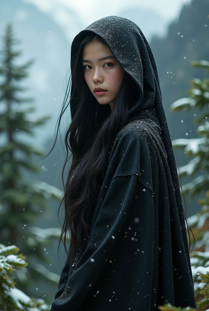 An Award Winning Asian Goddess in a shiny black hood standing in heavily snowy mountains, young and beautiful, with detailed face and hand detail, long silky black hair, emerald eyes, forest guardian, conifer forest in the background, snow falling, full body shot, ((masterpiece, highest quality, Highest image quality, High resolution, photorealistic, Raw photo, 8K, Extremely detailed CG unified 8k wallpaper)), (huge stunning goddess shot, very hot and sexy, jaw-dropping beauty, perfect proportions, beautiful body, slim body beauty:1.4),