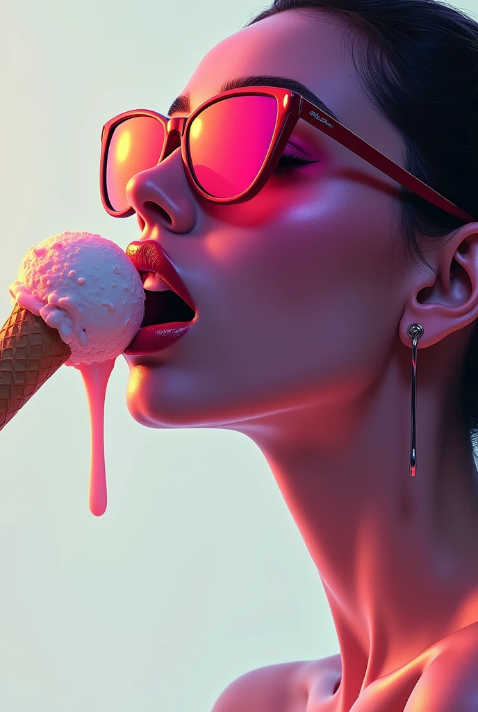 Sexy woman mouth licking ice cream ball. Ice cream runs down the corners of the mouth. focus on mouth. View from the side. Abstract style Add sunglasses with pink lenses.
