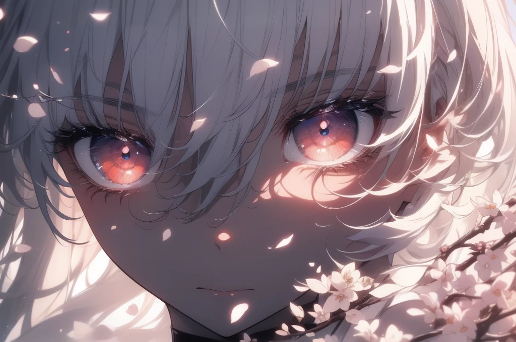 ((8k resolution))、((Highest quality))、((masterpiece))、((Very detailed))((((dramatic))), (((Rough feeling))), (((intense)))Focus on the face、Clear Shadows、Vibrant, front,flower々background、Rich colors，Be confident，coil，scene，Boldness，to attract attention，Smart、tendency、I focus,Gray Hair,Short Bob、Red Eyes、cherry blossoms