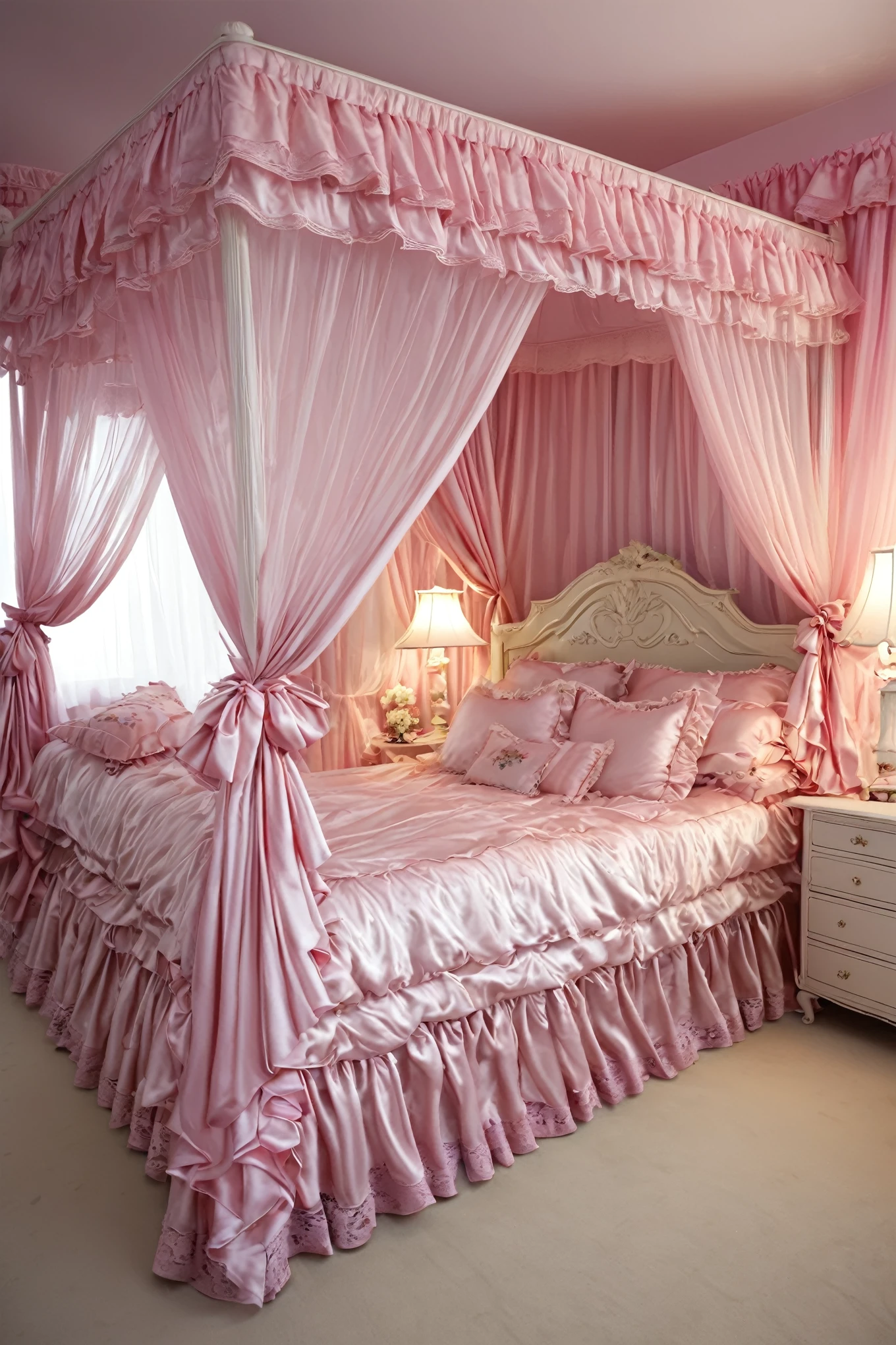 Beautifull 1girl on the bed,early age,detailed baby face,small face,a pink silk satin frilled blouse and skirt,medium dress,detailed ribbons,detailed lace petticoat,frilled sleeves,,a bed with a mountain of silk satin pillows,canopy bed,king size bed,more big bed,lot of silk satin frilled pillows,more pillows, A plump qulited silk satin soft devet,devet decorated ribbons, ruffles lace silk.retro white pipe bed frame, realistic, blue eyes, rolled long blond hear,