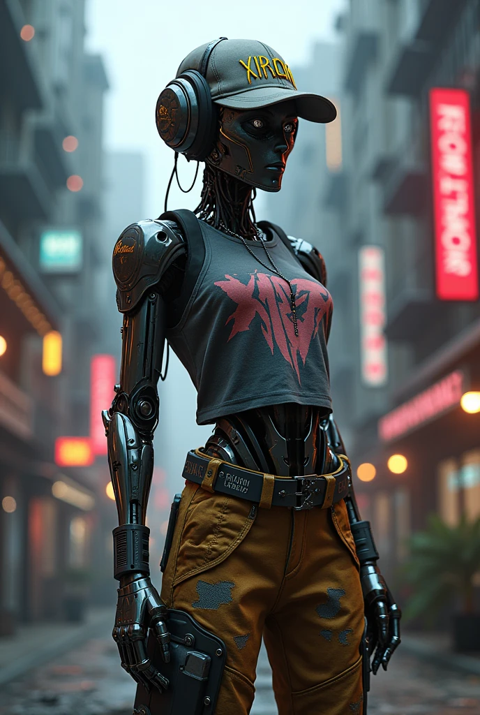 Cyberpunk robot with cap where XiroH text is written in graffiti style with street wear clothes 4k realistic unreal engine 5 detailed maximum resolution