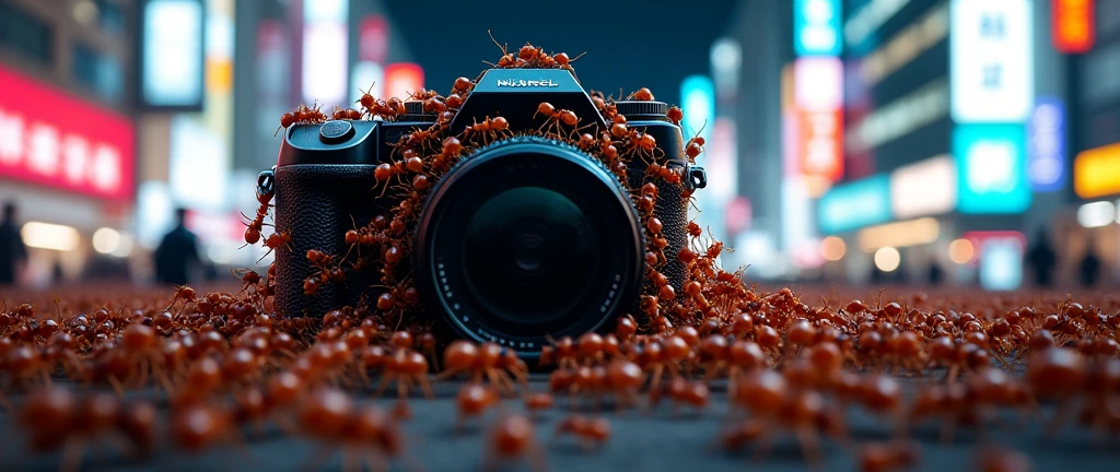ant colony swarming a camera in tokyo with neon lights

