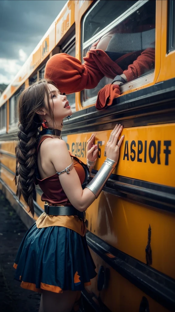 masutepiece, Best Quality, DQ Bianca, Single braid, earrings, Choker, Orange Cape, Green dress, Belt bag, Large breasts, hands to hips, long boots, Open mouth, furrowed brow, skyporn, Clouds, fields,sad,romantic