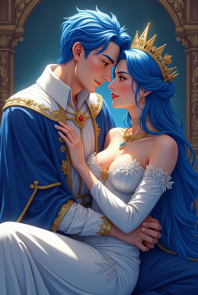 Man king queen majestic blue color sitting blue hair with crown tender smiling