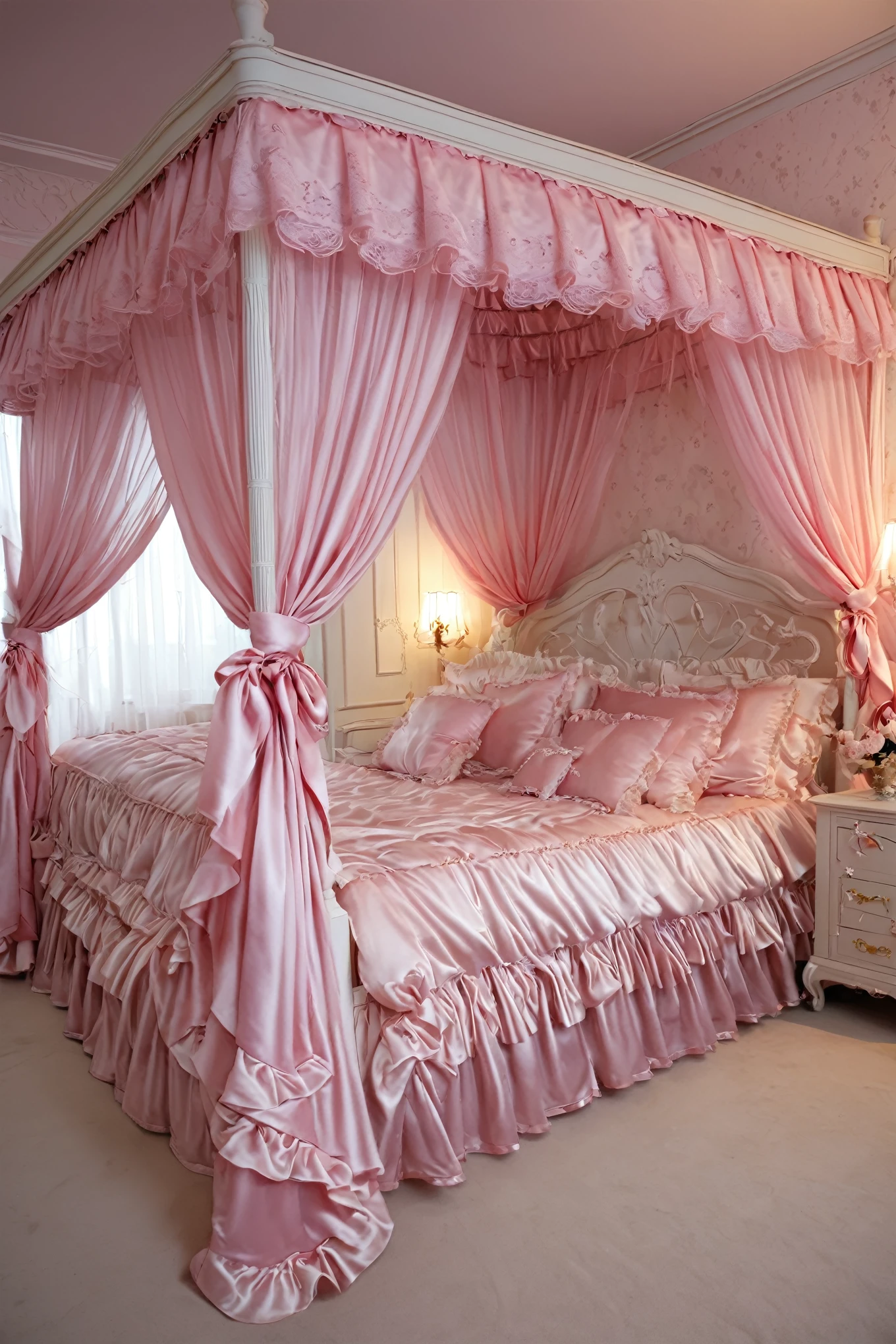 Beautifull 1girl on the bed,early age,detailed baby face,small face,a pink silk satin frilled blouse and skirt,medium dress,detailed ribbons,detailed lace petticoat,frilled sleeves,,a bed with a mountain of silk satin pillows,canopy bed,king size bed,more big bed,lot of silk satin frilled pillows,more pillows, A plump qulited silk satin soft devet,devet decorated ribbons, ruffles lace silk.retro white pipe bed frame, realistic, blue eyes, rolled long blond hear,