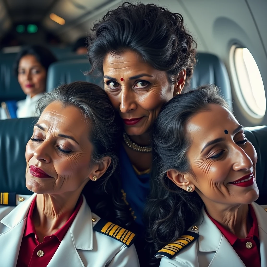 In a unique in-flight scene, three 70-year-old Indian women make a striking impression. They are dressed in distinctive uniforms: one in a white pilot's outfit, another in a red flight attendant uniform, and the third in a traditional blue saree. Each woman’s natural, tailbone-length curls are slicked through with a substantial amount of hair oil—about a liter per person—creating a glossy, reflective sheen. The oil-drenched hair cascades elegantly down their backs, allowing for a clear view of the meticulously styled partings and the smooth lines of their scalps. The glossy texture of the hair accentuates the clean, polished look of their elaborate hairstyles. In this serene moment, while all other passengers are sleeping, the three women are positioned one on top of the other, wildy sharing kisses in tongues out, This unusual and dramatic portrayal highlights the extreme use of hair oil, showcasing its impact on their opulent and meticulously crafted looks amidst the quiet of the cabin.