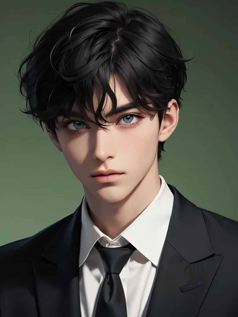 Green eyes, monolid eyes, Short hair, Black hair, Fringe curly haircut, using school uniform for a senior boy, in the school, normal face, bright color. anime guy