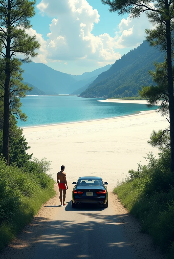 Black car stopped at the end of a paved road that ends in a large endless lake, panoramic view, lots of green and white sand beach full of people. Man in red underwear next to car.