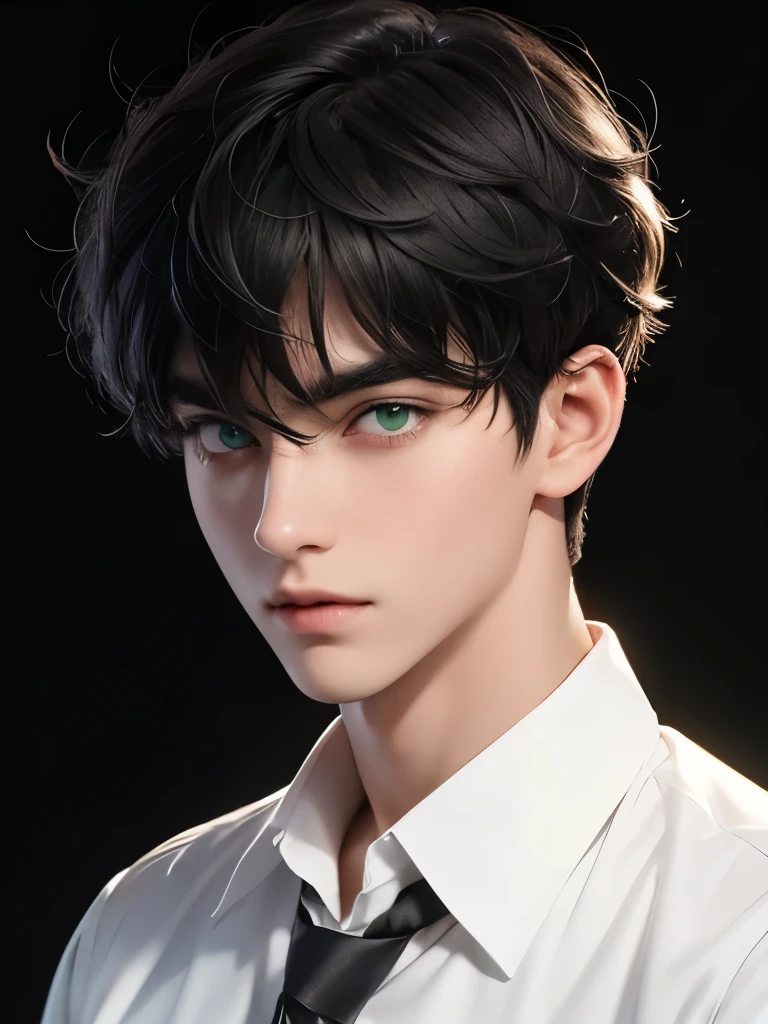 Green eyes, monolid eyes, Short hair, Black hair, Fringe curly haircut, using school uniform for a senior boy, in the school, normal face, bright color. anime guy