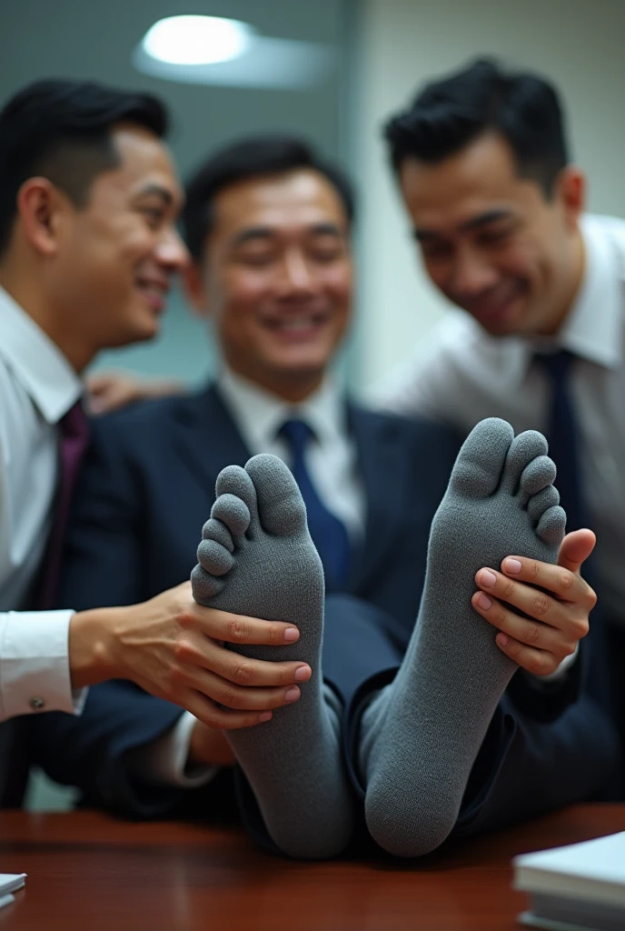 Malay 25 years steward from Malaysia Airline
Suit and tie
Feet on desk
5 toes each feet
2 man tickle his feet
Grey sock on his feet