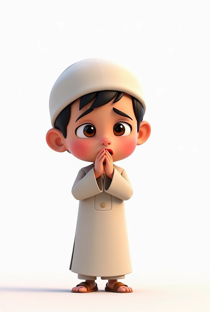 An animated image of Muslim little kid caughing in white background