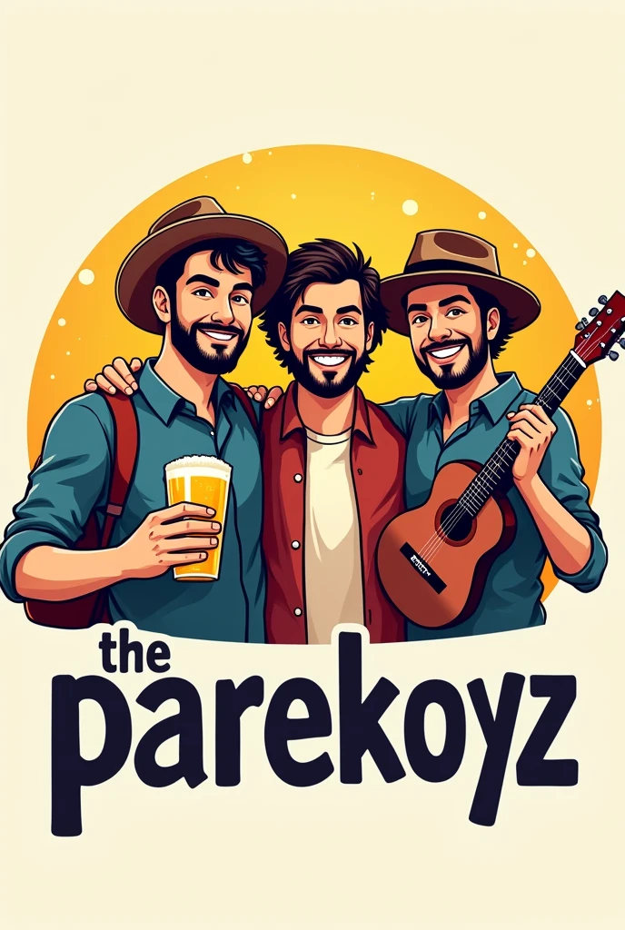 logo of three male friends, one holding a glass of beer, the other holding a guitar, the one in the middle has a mole on his cheek, then there are hats and below the logo there is the lettering The Parekoyz