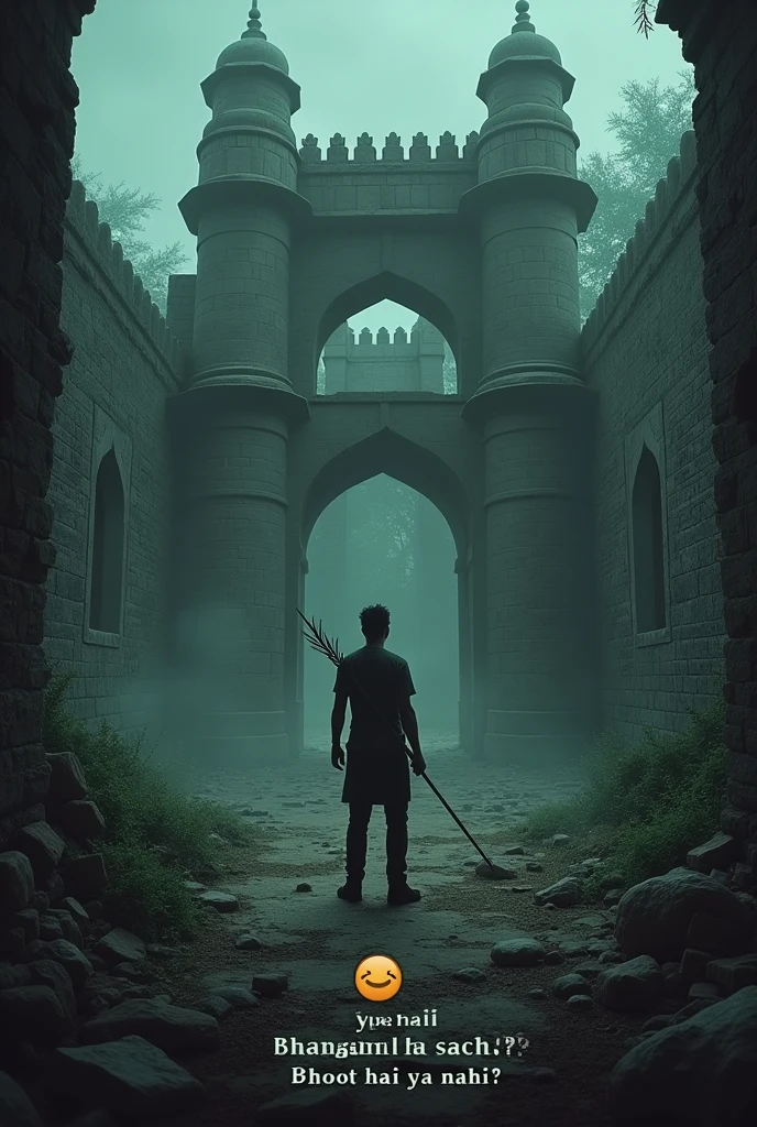 Background: Bhangarh Fort, with its ancient and mysterious ruins.
Foreground: A person standing and pointing an arrow towards the fort.
Text below the person and arrow: "Kya hai Bhangarh Ka Sach? Bhoot hai ya nahi?"
Design Element: A ghost emoji 👻 on the left side of the image, subtly integrated into the scene.
Overall Mood: Eerie and mysterious, with dark, moody colors to enhance the haunting effect.