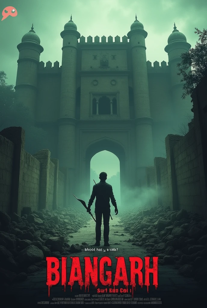 Background: Bhangarh Fort, with its ancient and mysterious ruins.
Foreground: A person standing and pointing an arrow towards the fort.
Text below the person and arrow: "Kya hai Bhangarh Ka Sach? Bhoot hai ya nahi?"
Design Element: A ghost emoji 👻 on the left side of the image, subtly integrated into the scene.
Overall Mood: Eerie and mysterious, with dark, moody colors to enhance the haunting effect.