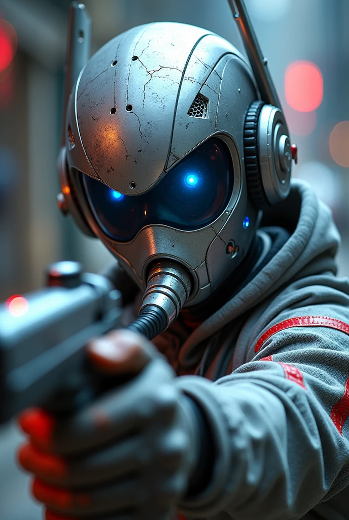1 man shoot half body. Full body shoot. , silver motorcycle helmet, snorkeling mask, portrait halfbody shoot. Silver two pipe tube from mouth to head. Future design.. high tech. Wear google safety eyes glowing blue. The tube connect from head to mouth. Future headphone design blue led light detail. Starlord helmet design concepts. Very detail . High tech costume. Marvel. shape on the helmet. Small scratches on the helmet. The blue visor honeycomb style concept. shape spoiler antenna on the helmet, nose and mouth covered by mask metal. Wear cyberpunk hoodie spike shape red stripe. . In led speed of light. Laser gun