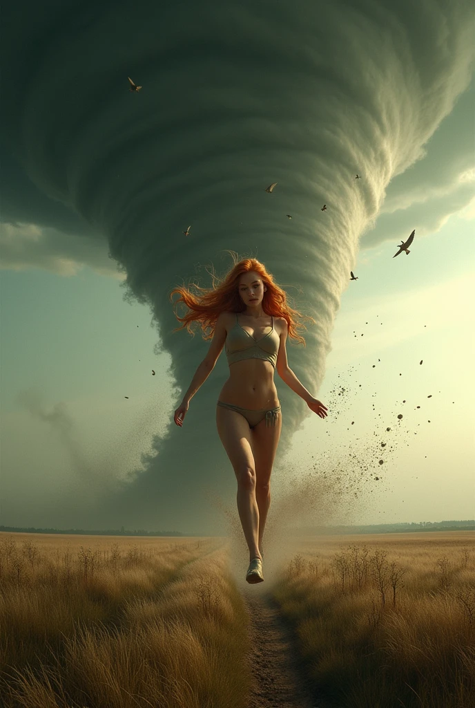 Sexy girl from Kansas being thrown through the air by a massive tornado, long ginger hair, wind ripping her clothes off, massive busty breasts, very thicc butt and thighs, THICC, inside a tornado