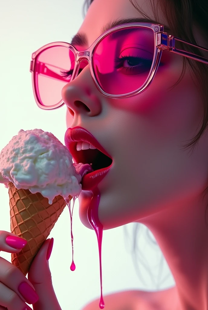 Sexy woman mouth licking ice cream ball. Ice cream runs down the corners of the mouth. focus on mouth. View from the side. Abstract style Add sunglasses with pink lenses.
