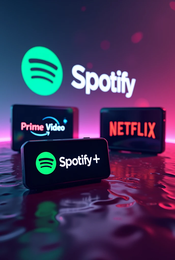 An image where Spotify appears, amazon Prime Video, Netflix and Disney Plus with their respective logos