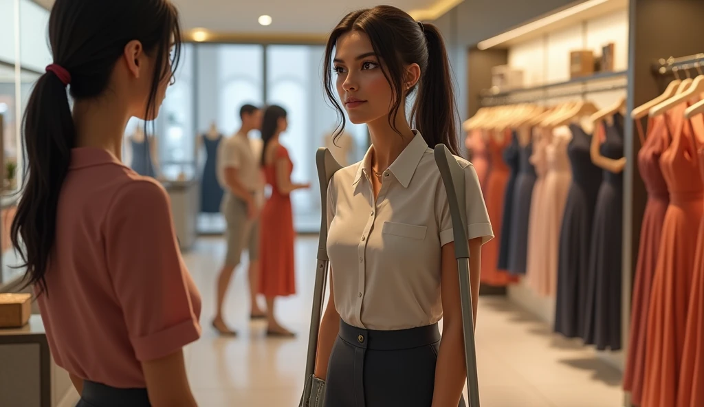 Create a realistic scene of Iza, a 2 Brazilian woman, standing in a high-end women’s clothing store where she works. Iza is positioned near a display of elegant dresses, her posture slightly leaning on a crutch under her right arm. She has long dark hair, tied back in a loose ponytail, with a few strands framing her face, which shows a mix of exhaustion and determination. Iza is dressed in a simple yet professional uniform, appropriate for the luxurious environment of the store. The shop is brightly lit, with polished floors and sophisticated decor, reflecting the upscale nature of the boutique. Behind her, neatly arranged racks of designer clothes and accessories fill the space. Despite the polished setting, Iza’s expression reveals the weight of her daily struggles as she interacts with a customer, offering assistance with a subtle, polite smile. The contrast between her personal hardships and the opulence around her is palpable, emphasizing her resilience as she navigates her responsibilities in this demanding environment.