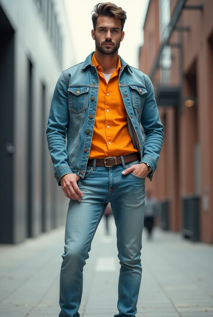 Man in skin jeans & best contrast shirt with jeans jacket
