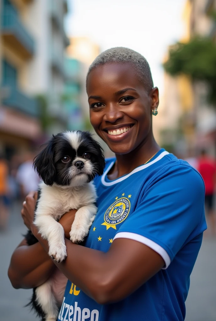 A 50-year-old Black woman, with very short hair, and black, in copacabana. she is smiling, wearing a Cruzeiro team shirt, blue and white. holds a small shitzu dog, black andwhite
