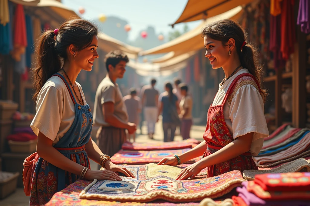 A craft market with two women selling embroidery, fabrics and a young man buying