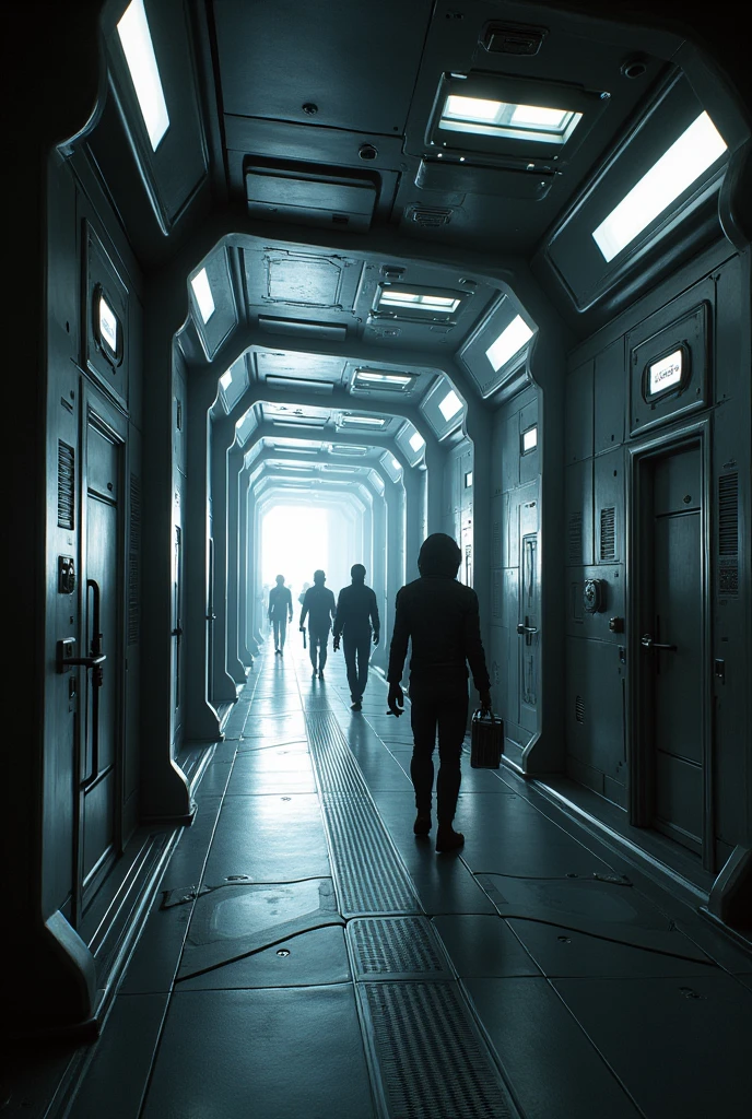 Spaceship internally, corridor with doors