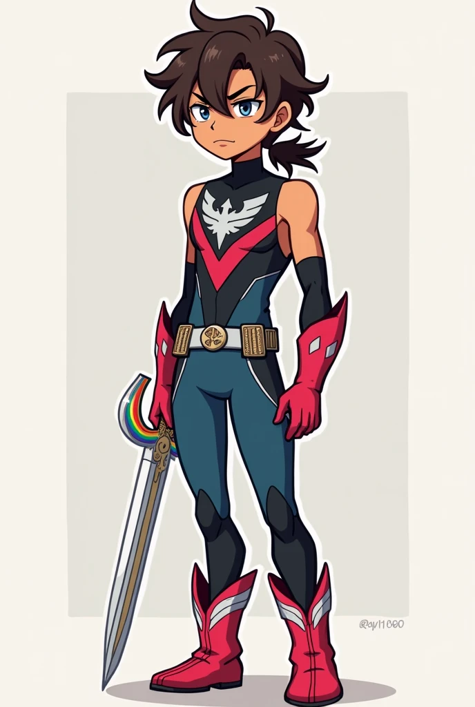 Appearance:
Ray is a young man of an average hight and a lean muscular a feminine stature and brown complexion who is almost always seen wearing a serious and emotionless expression or his regular aloof happy concerned or normal faces which are all cute He has unruly curly brunette hair of uneven lengths that just bey sticks around his head, which he wears tied back in a low messy ponytail at the base of his neck. His hair going over his face framing it
He has rouge colored irises and dark blue Diamond shaped pupils
(One thing being mean to Ray is like kicking a puppy which just is just wrong even for thinking about it)
Hero Suit: Was a sleeveless top with a black section held up by thin a silver eagle-shaped breastplate, but with a cerise colored section covering her chest. He wears matching black undersleeves with fingerless gloves with a white star on the back of his hand. he has a thin silver belt
Holding up a rainbow colored rope on his right And A silver xiphos sword on the left
And deep blue long body suit and red boots with white stripes on the front that turn into wings at the top
And Silver Vambrace