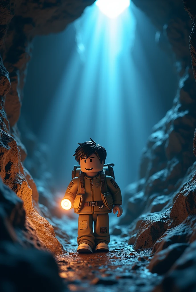 Make me 512x512 ratio thumbnail for game on Roblox that is escape and explore the cave make it Roblox character exploring and tryna escape I want it to be 16:9 aspect ratio