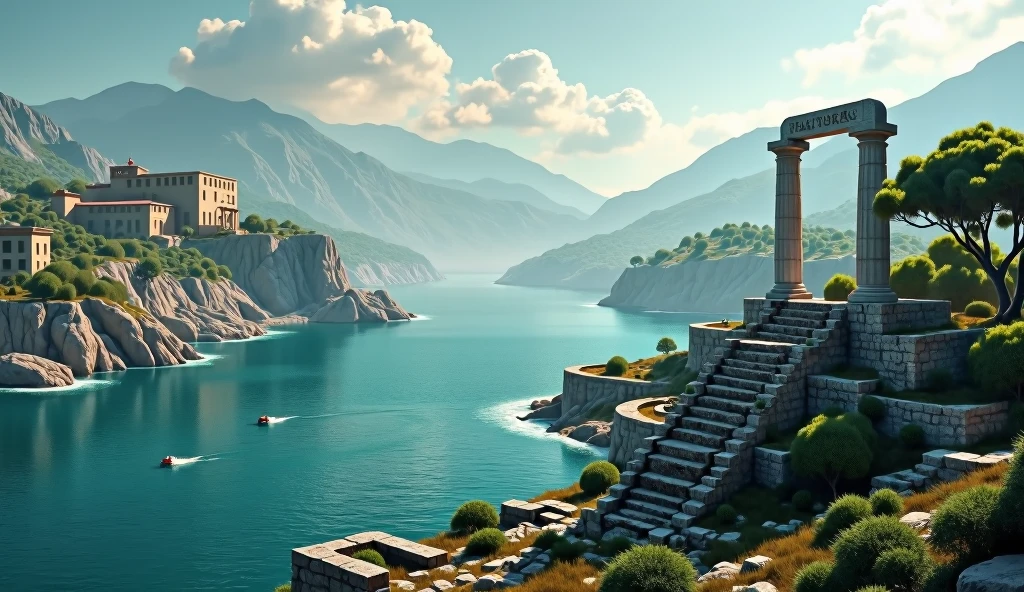 A world map slowly zooming in on the Mediterranean region, with ancient ruins fading in and out