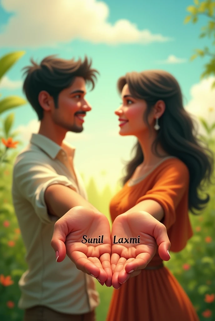 Two couple hand naming sunil and laxmi with green background and blue sky also write name sunil on male's hand and laxmi on female's hand