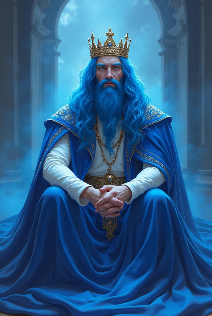 Majestic king man blue color sitting blue hair with crown tender smiling 