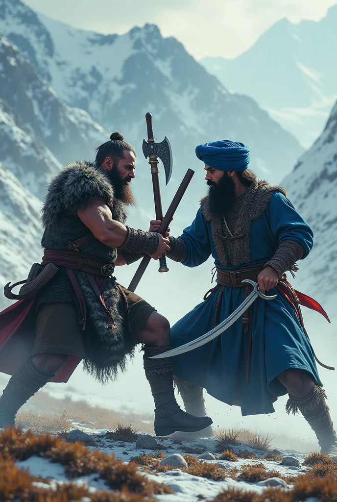 Viking man fighting with a nihang sikh