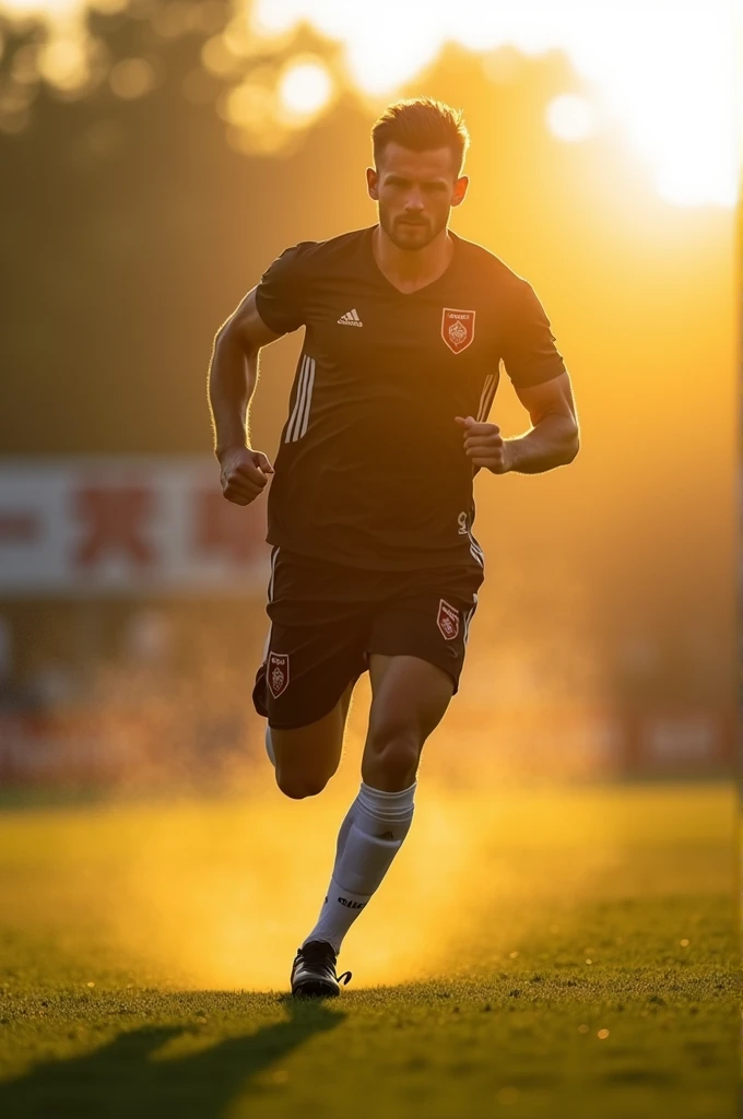 An athlete runing on a pitch with sunlight