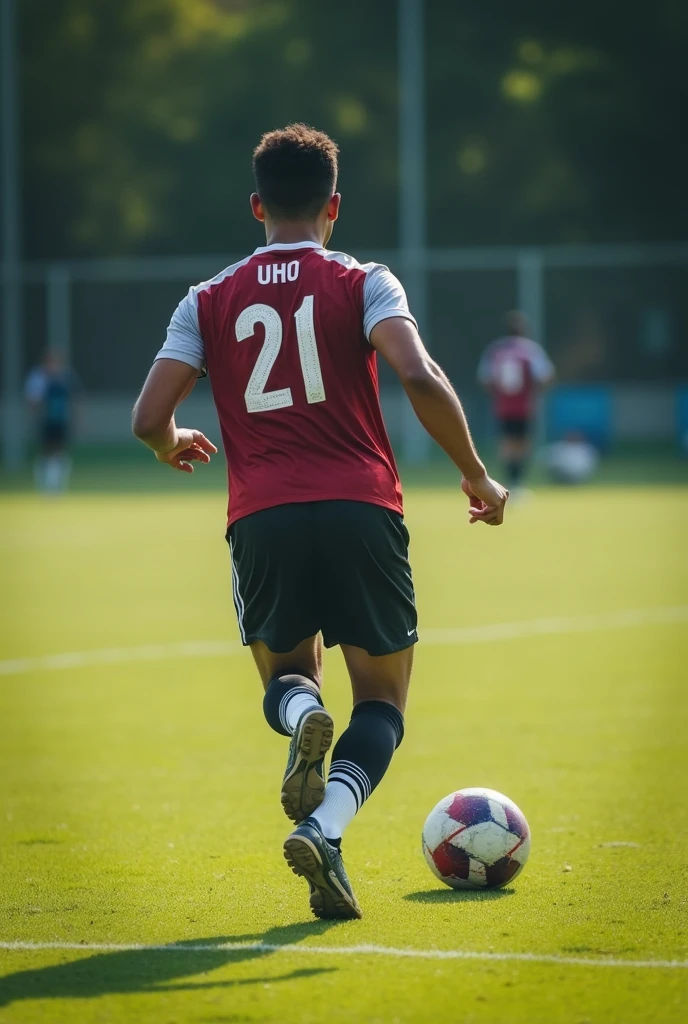Brown skinny 20yrs old boy playing football pic from back