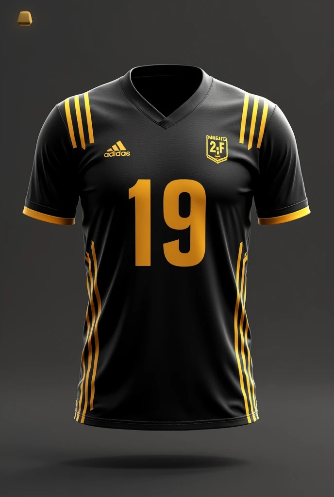 Create a sleek high school Olympics jersey in black, accented with a gold gradient effect. The player number is large and centered in a bold gold font, with subtle, vertical golden lines cascading from the shoulders to the hem, giving a sense of height and agility. A small golden logo is placed on the upper left side. The design should combine simplicity with a touch of elegance and modern flair.
