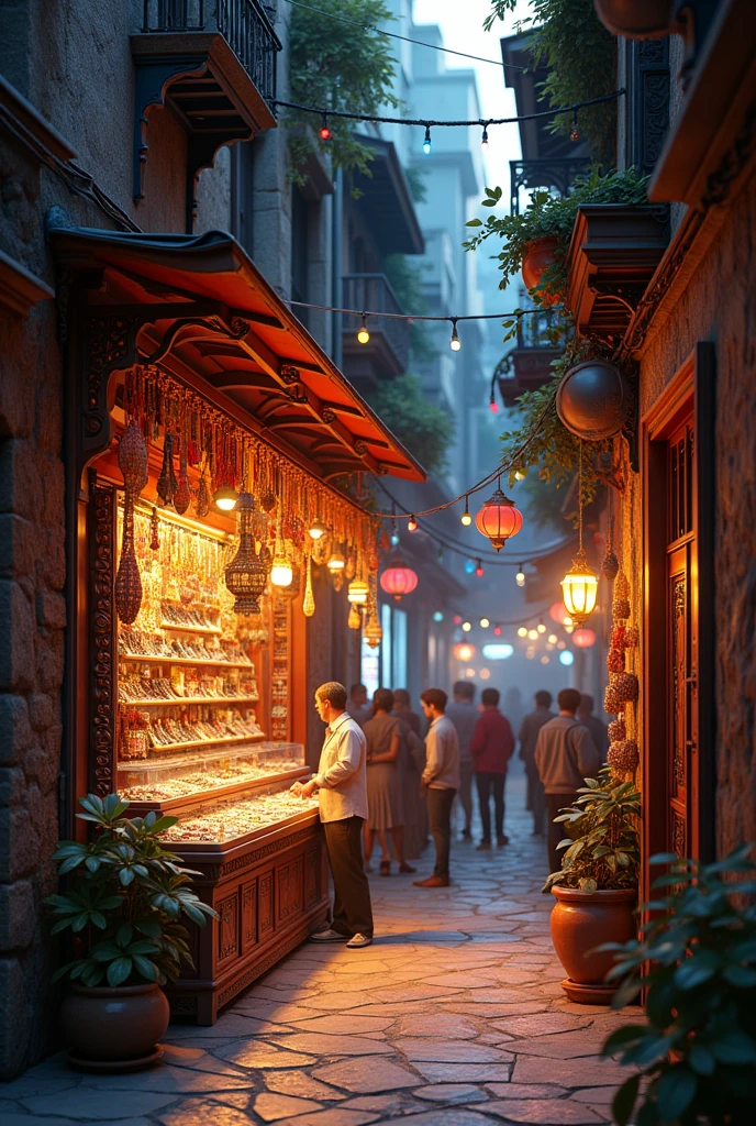 (photorealism: 1.2), realistic photo of a bracelet and jewelry shop in a crowded alley in the evening