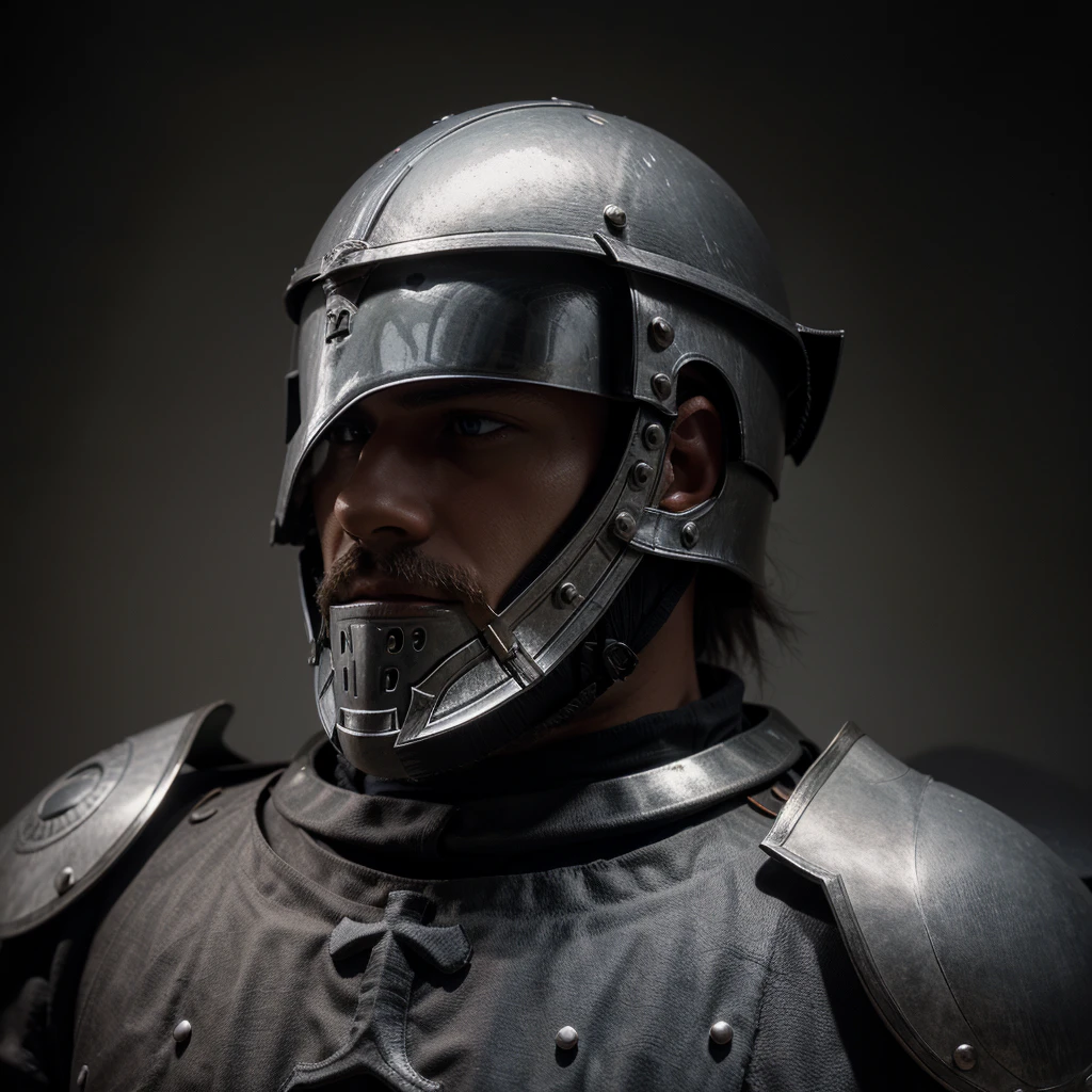 create an image of a knight with a medieval helmet, in black and gray colors, and the photo is in a circular format, showing only his head as a profile photo