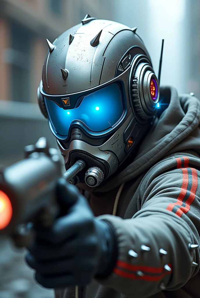1 man shoot half body. Full body shoot. , silver motorcycle helmet, snorkeling mask, portrait halfbody shoot. Silver two pipe tube from mouth to head. Future design.. high tech. Wear google safety eyes glowing blue. The tube connect from head to mouth. Future headphone design blue led light detail. Starlord helmet design concepts. Very detail . High tech costume. Marvel. shape on the helmet. Small scratches on the helmet. The blue visor honeycomb style concept. shape spoiler antenna on the helmet, nose and mouth covered by mask metal. Wear cyberpunk hoodie spike shape red stripe. . In led speed of light.