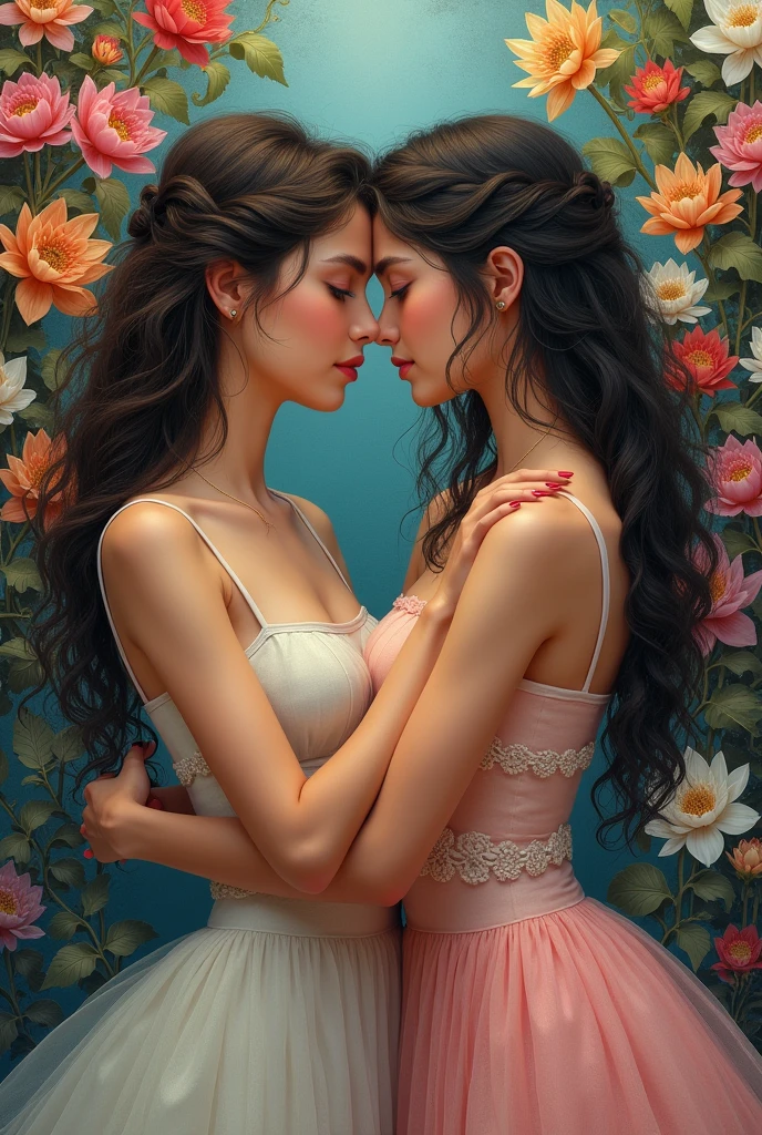 (masterpiece, highest quality, highest quality, official art, beauty and aesthetic, the most important work: 1.2), (perfect anatomy, beautiful hands), (two girls is deeply in love with each other, cheek-to-cheek: 1.3), very detailed, (fractal art: 1.1), (color: 1.1) (flowers: 1.3), most detailed,