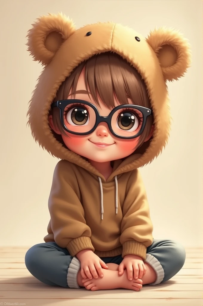  don&#39;t fly, with rosy cheeks, with light brown hair,  eyes black, Grinning, sitting on the floor, with teddy bear cap and glasses
