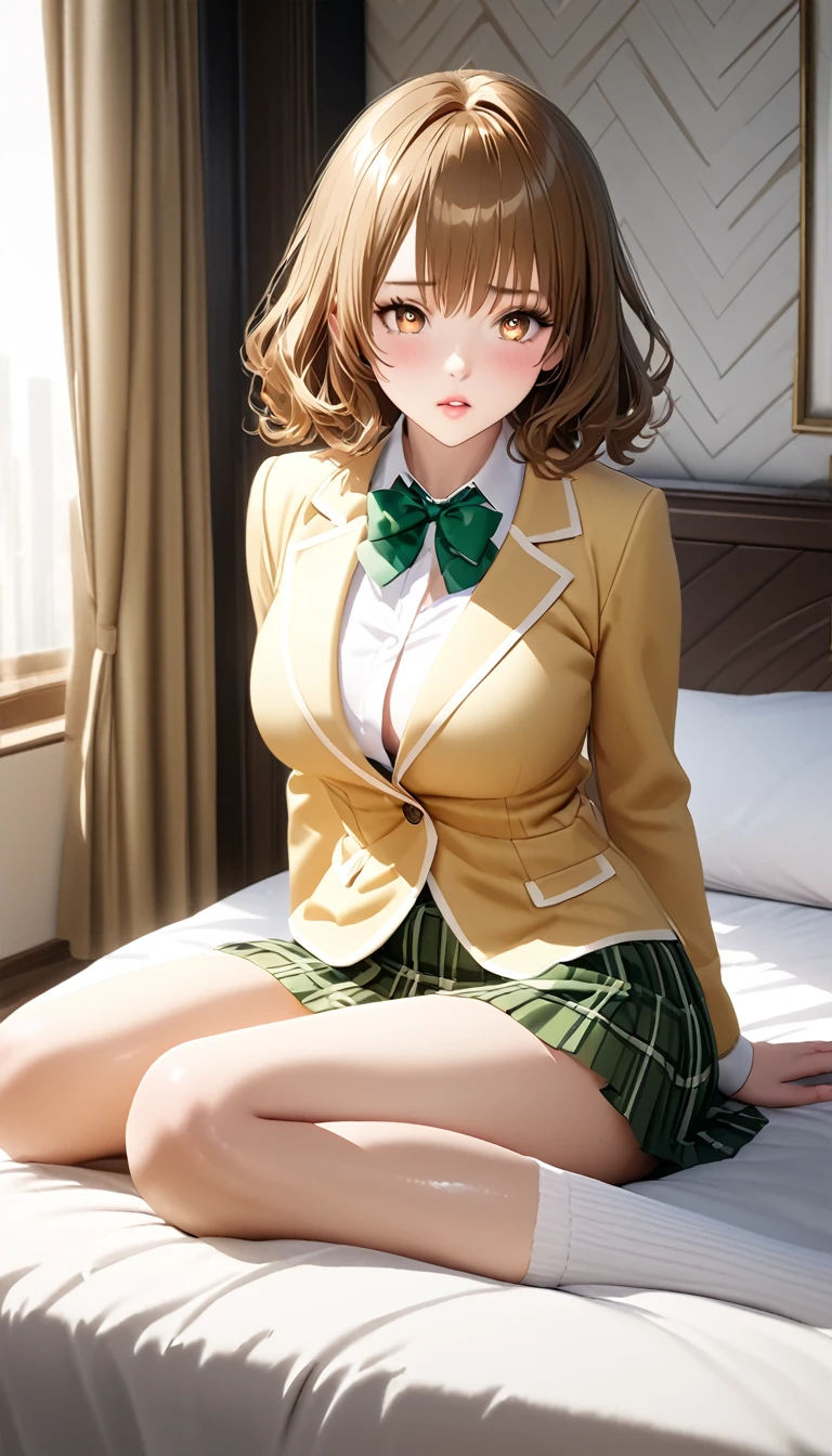 (masterpiece,ultra-detailed,best quality,8K,CG,realistic,illustration:1.2),(perfect-composition,detailed beautiful face,Clean skin,photographical skin,shiny skin,shiny hair, photographical hair,ultra detailed eyes,shaved,kawaii,uncensored:1.1),medium hair, 1girl, solo, brown hair, brown eyes,large breast,winter school uniform, green bowtie, white shirt, yellow blazer, buttoned blazer,plaid skirt, green skirt,socks ,blushing,trouble face , glossy lips ,sitting on bed edge ,luxury room,full body, side view