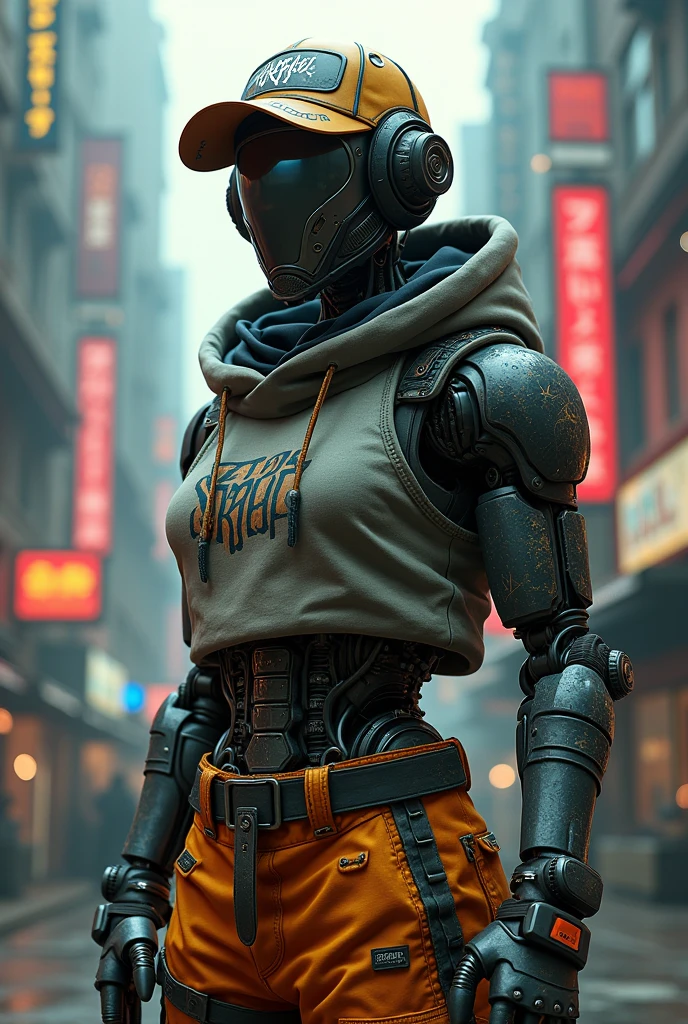 Cyberpunk robot with cap where XiroH text is written in graffiti style with street wear clothes 4k realistic unreal engine 5 detailed maximum resolution